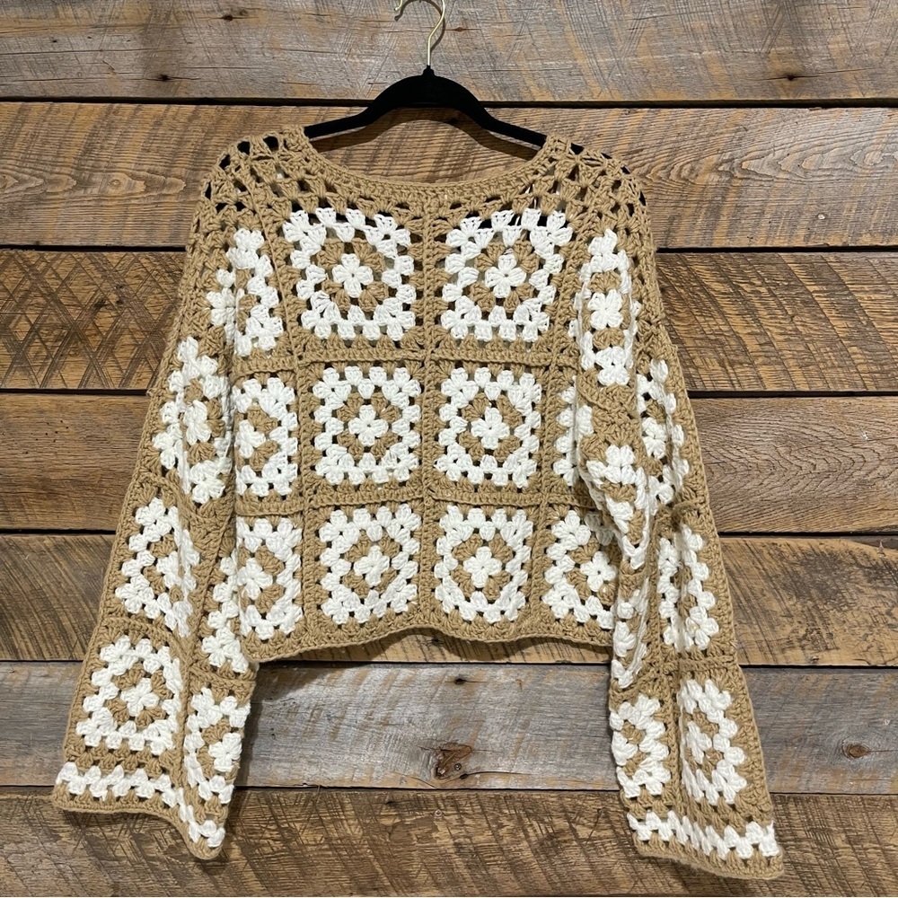 Dreamers by Debut Sweater Medium Large Cream Tan Crochet Granny Square Boho - Picture 2 of 10